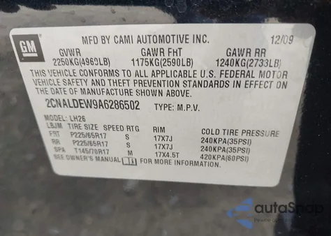 2010 Chevrolet Equinox Lt from USA, damaged, VIN 2CNALDEW9A6286502